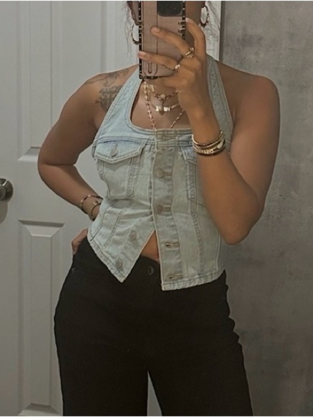 Denim Button-Front Corset Halter Top